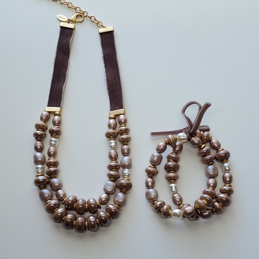 Chico's Taupe Cappuccino Two-Strand Faux Pearl Necklace and Stretch Bracelet Set - Picture 2 of 15